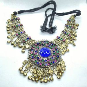 Handmade Afghan Kuchi Necklace: Gemstone Pendant with Golden Tassels